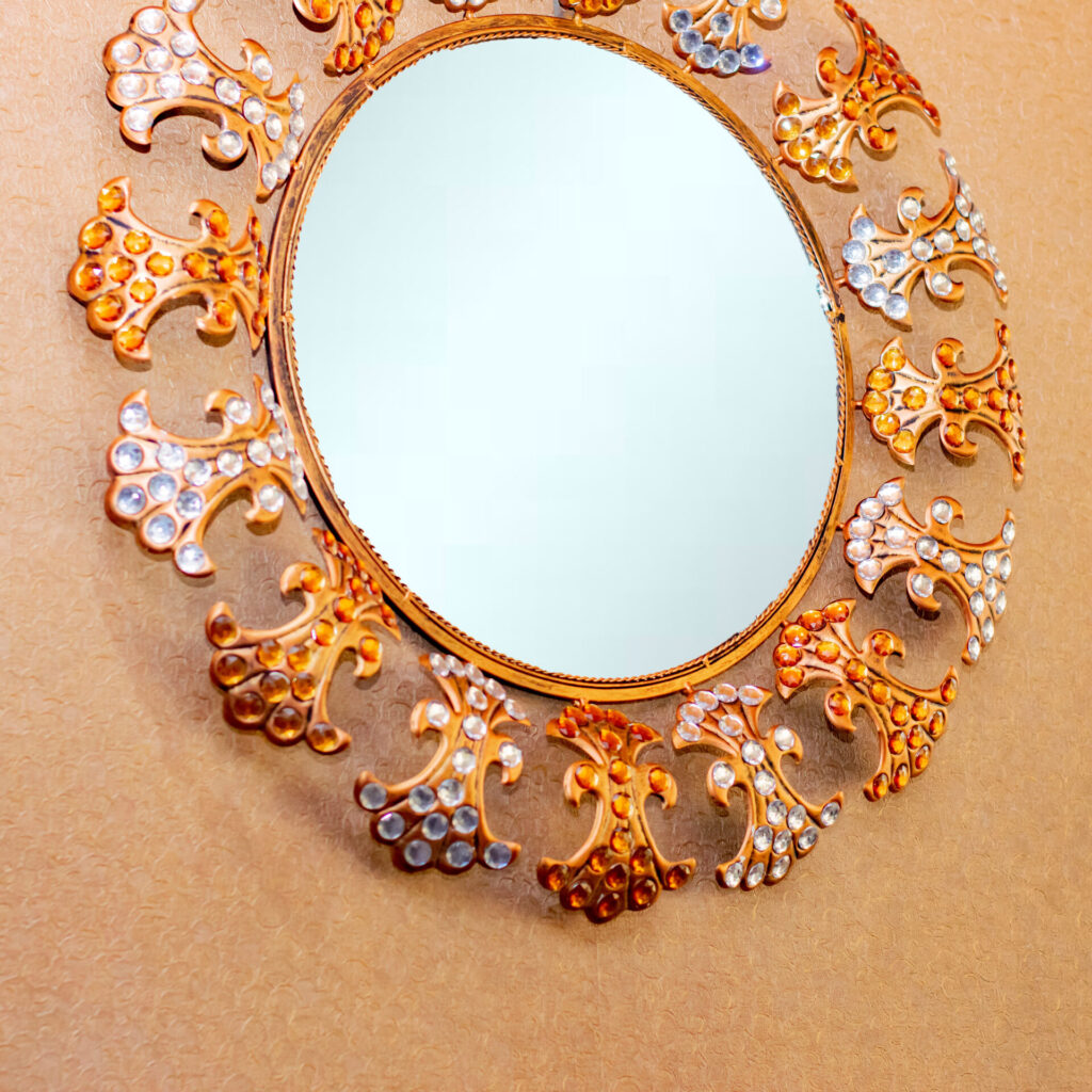 accent-wall-mirror-metal-round-with-filigree-work-and-stones-antique-copper-440111